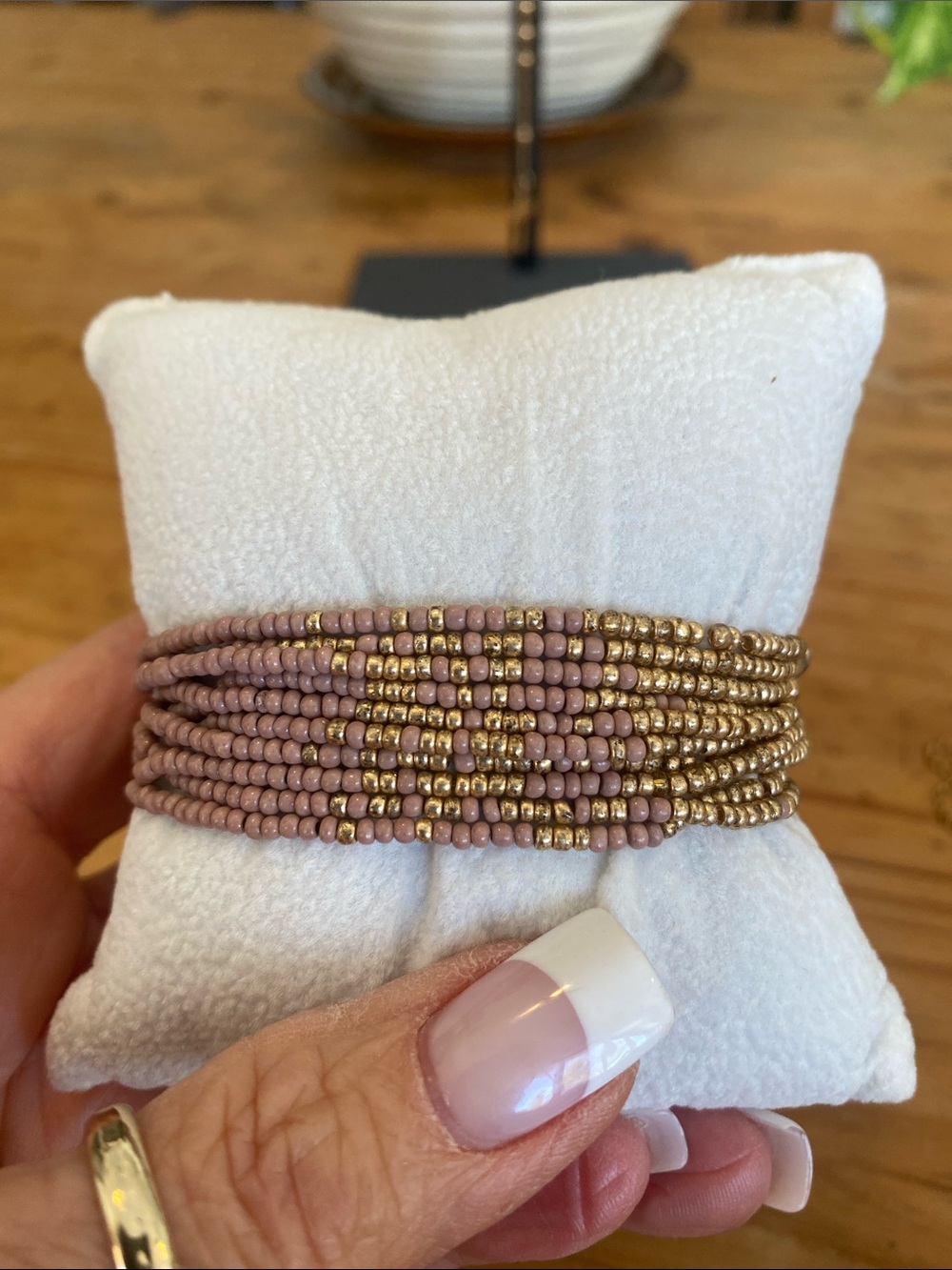 Beaded Stretch Bracelet in Mauve and Gold